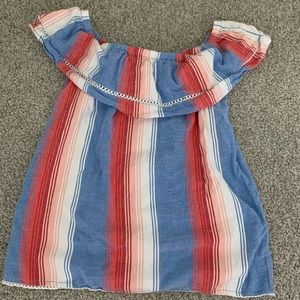 Blue, white and red striped off the shoulder